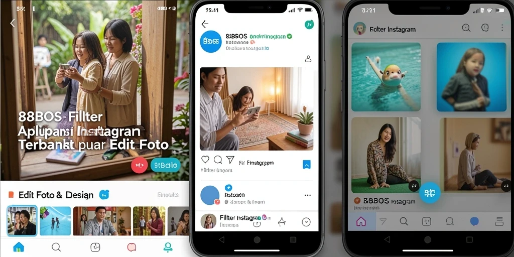 Antarmuka aplikasi 88BOS dengan berbagai pilihan filter Instagram.
